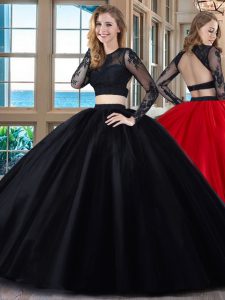 Scoop Black and Red Tulle Backless Quinceanera Gowns Long Sleeves Floor Length Appliques
