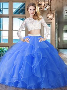 Scoop Beading and Lace and Ruffles 15 Quinceanera Dress Blue Zipper Long Sleeves Brush Train