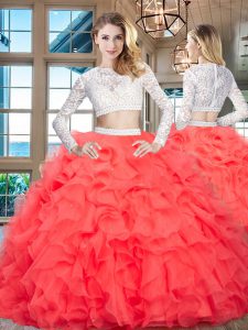 Scoop Floor Length Red 15th Birthday Dress Organza Long Sleeves Beading and Lace and Ruffles