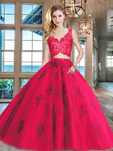 Red Two Pieces Lace and Appliques 15th Birthday Dress Zipper Tulle Sleeveless Floor Length