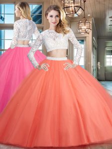 Comfortable Scoop Watermelon Red Long Sleeves Beading and Lace Floor Length 15 Quinceanera Dress
