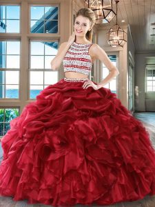 Beauteous Scoop Pick Ups Wine Red Sleeveless Organza Backless Vestidos de Quinceanera for Military Ball and Sweet 16 and