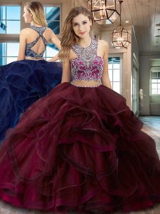 Eye-catching Scoop Beading and Ruffles Quinceanera Gowns Burgundy Criss Cross Sleeveless With Brush Train