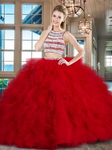 Free and Easy Scoop Sleeveless With Train Beading and Ruffles Backless Quinceanera Dresses with Red Brush Train