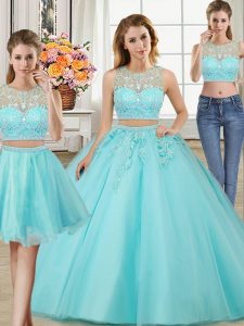 Glamorous Three Piece Scoop Aqua Blue Sleeveless Floor Length Beading and Appliques Zipper Quinceanera Gowns