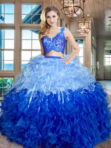 Multi-color Sleeveless Floor Length Lace and Ruffles Zipper 15th Birthday Dress