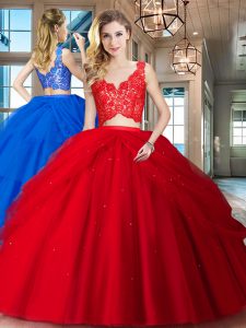 Exquisite Red Two Pieces V-neck Sleeveless Tulle Floor Length Zipper Lace and Ruffled Layers 15th Birthday Dress