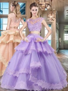 Scoop Beading and Lace and Appliques and Ruffled Layers Vestidos de Quinceanera Lavender Zipper Cap Sleeves Floor Length