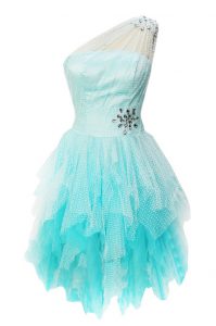 Excellent A-line Prom Evening Gown Aqua Blue One Shoulder Tulle Sleeveless Knee Length Side Zipper