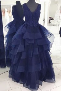 Glamorous Navy Blue A-line Organza V-neck Sleeveless Beading and Appliques and Ruffles Floor Length Backless Prom Evenin