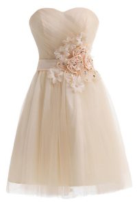 Sweet Champagne Sleeveless Beading and Hand Made Flower Knee Length Prom Gown