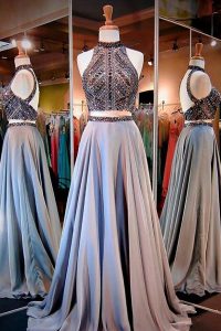 Custom Designed Sleeveless Chiffon Floor Length Backless Prom Evening Gown in Lavender with Beading