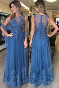 Dazzling Blue Zipper Scoop Beading and Appliques Evening Dress Tulle Sleeveless