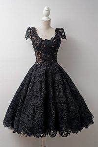 Suitable Scoop Black Cap Sleeves Lace Zipper Prom Dress for Prom and Party