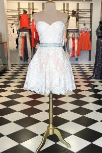 A-line Prom Gown White Sweetheart Lace Sleeveless Knee Length Zipper