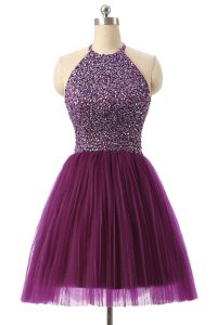 Affordable Halter Top Sleeveless Knee Length Sequins Zipper Evening Dress with Purple