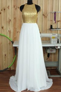 Sequins Sweep Train A-line Prom Dress White Scoop Chiffon Sleeveless Backless