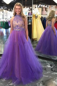 Custom Design Scoop Sleeveless Homecoming Dress Floor Length Beading Lavender Tulle