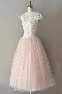 Knee Length A-line Cap Sleeves Pink Prom Evening Gown Zipper