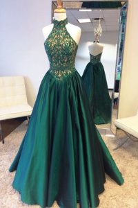 Teal A-line Halter Top Sleeveless Taffeta Sweep Train Zipper Beading and Lace Prom Party Dress