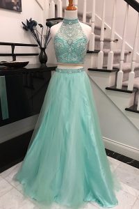 Halter Top Sleeveless Sweep Train Backless With Train Beading Prom Gown