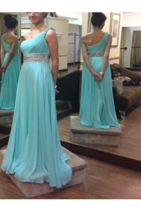 New Style One Shoulder Sleeveless Floor Length Beading and Sashes ribbons Side Zipper Evening Dress with Baby Blue