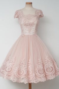 Hot Sale Tea Length Baby Pink Evening Dress Tulle Cap Sleeves Lace