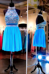 Baby Blue Homecoming Dress Prom and Party and For with Beading Halter Top Sleeveless Backless
