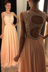 Delicate Scoop Floor Length Peach Homecoming Dress Chiffon Sleeveless Beading and Lace