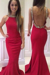 Mermaid Scoop Hot Pink Elastic Woven Satin Backless Prom Gown Sleeveless With Brush Train Beading
