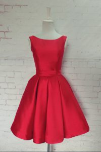 A-line Prom Dresses Red Bateau Satin Sleeveless Knee Length Backless