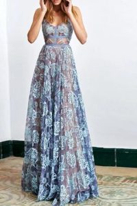 Traditional Lace Spaghetti Straps Sleeveless Backless Lace Prom Party Dress in Blue