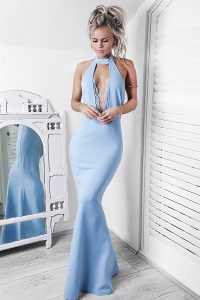 Mermaid Light Blue Sleeveless Floor Length Lace Backless Dress for Prom
