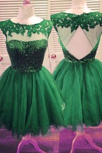 Dark Green Sleeveless Knee Length Beading Backless Evening Dress