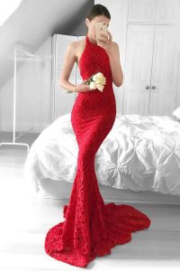 Mermaid Halter Top Red Sleeveless Lace Backless Homecoming Dress