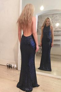 Admirable Scoop Sequins Floor Length Mermaid Sleeveless Navy Blue Prom Party Dress Backless