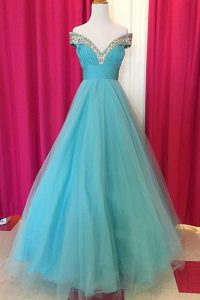 Exceptional Off the Shoulder Blue Sleeveless Beading Floor Length