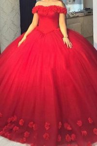 Red Ball Gowns Tulle Off The Shoulder Short Sleeves Hand Made Flower Lace Up Prom Dresses