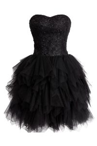 Black Ball Gowns Tulle Sweetheart Sleeveless Beading and Sequins Knee Length Lace Up Prom Dresses