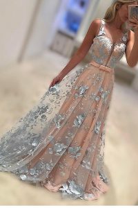 Edgy Lace Bateau Sleeveless Sweep Train Zipper Lace and Bowknot Prom Evening Gown in Peach
