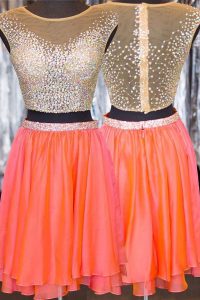 Orange Evening Dress Prom and Party and For with Beading Bateau Cap Sleeves Zipper