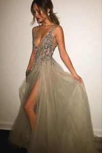 Extravagant Champagne V-neck Backless Beading Prom Gown Sweep Train Sleeveless