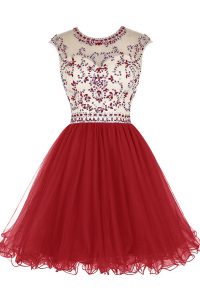 Fashionable Wine Red A-line Scoop Cap Sleeves Tulle Mini Length Zipper Beading Homecoming Dress