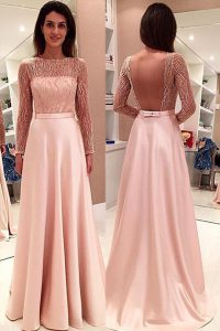 Hot Sale Pink Bateau Neckline Beading Dress for Prom Long Sleeves Backless