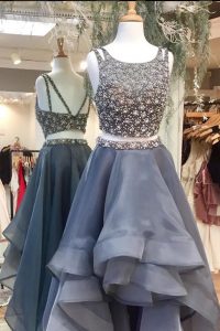 Great Grey A-line Scoop Sleeveless Organza High Low Zipper Beading Prom Gown