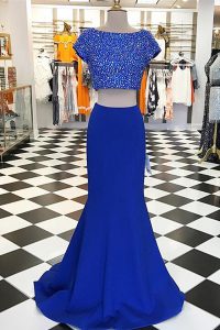 With Train A-line Short Sleeves Royal Blue Prom Dress Sweep Train Zipper