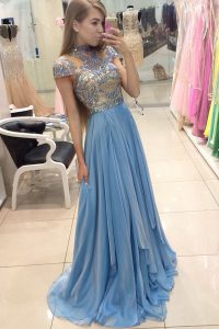 Clearance Scoop Blue Organza Zipper Prom Party Dress Cap Sleeves With Train Sweep Train Beading