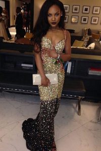 On Sale Mermaid Sleeveless With Train Beading Zipper Prom Dress with Gold Sweep Train