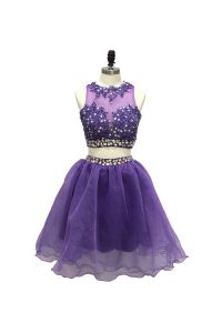 Lavender Side Zipper Scoop Beading and Appliques Prom Dress Tulle Sleeveless