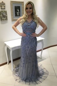 Graceful Mermaid Sleeveless Sweep Train Beading and Appliques Backless Prom Evening Gown